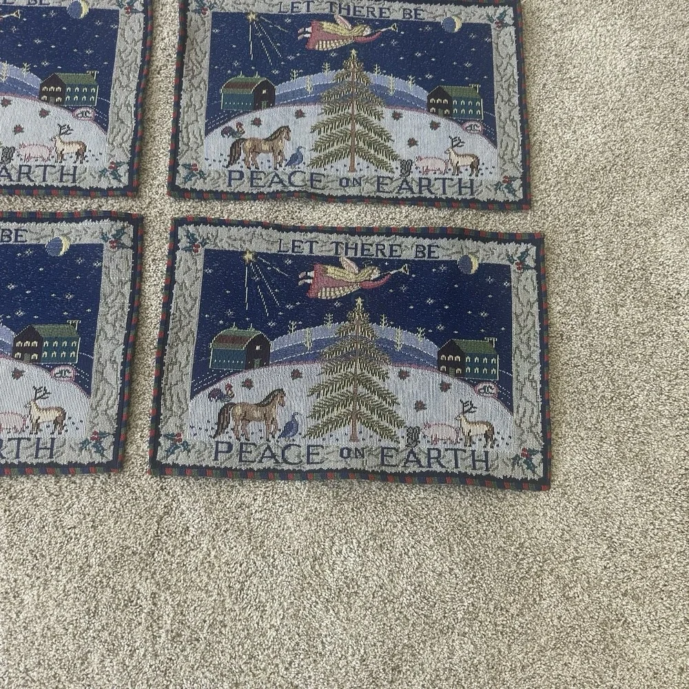 Set Of 10 Christmas Woven Tapestry Placemats Peace on Earth Angel Vintage Snow